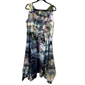 Vintage Dharma Trading Tie Dye Short Sleeve Hankie Hem Dress Sz L Water Color